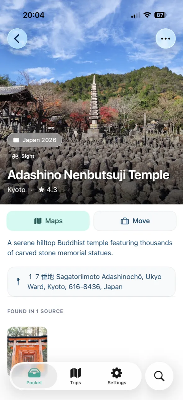 Trip Pocket place detail — Adashino Nenbutsuji Temple with map and notes