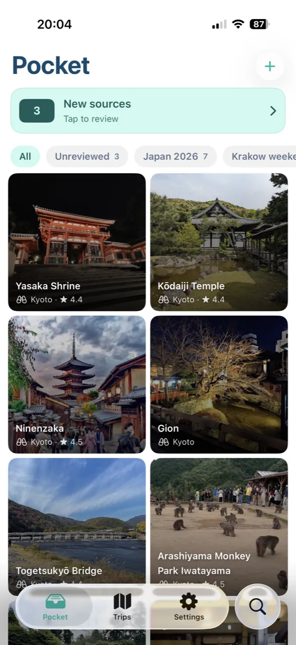 Trip Pocket pocket grid — saved places as a photo grid
