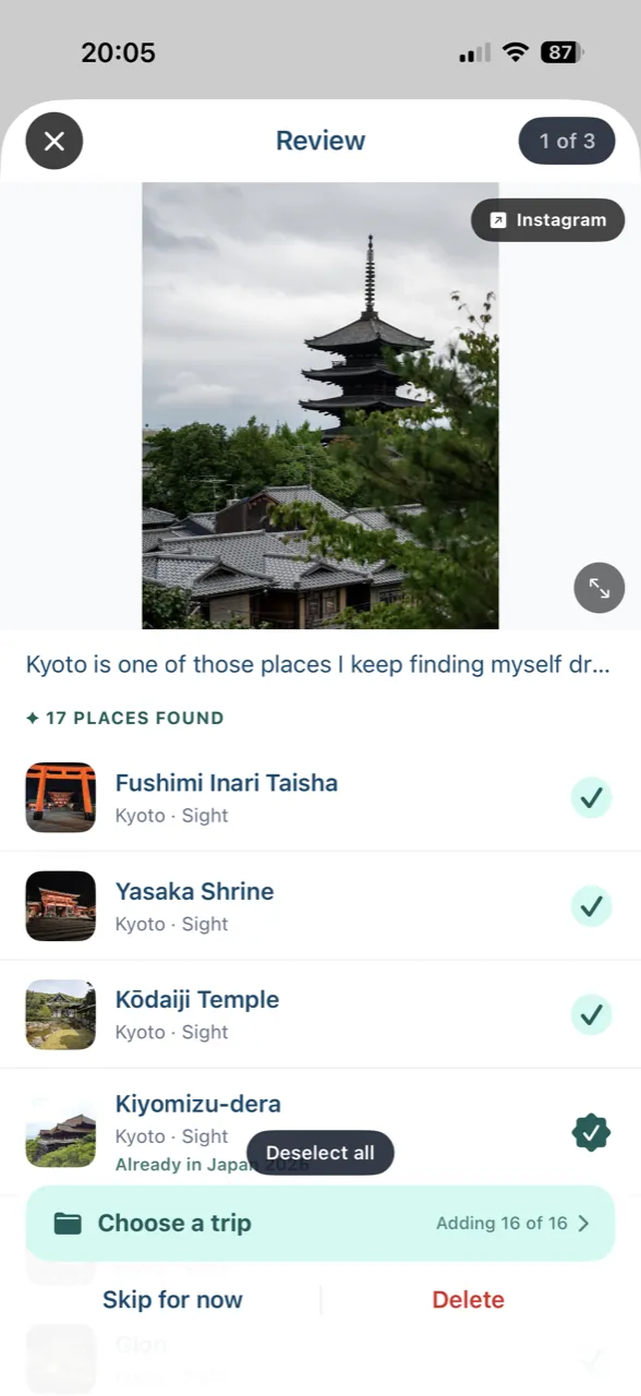 Trip Pocket review screen — AI extracting 17 places from an Instagram post