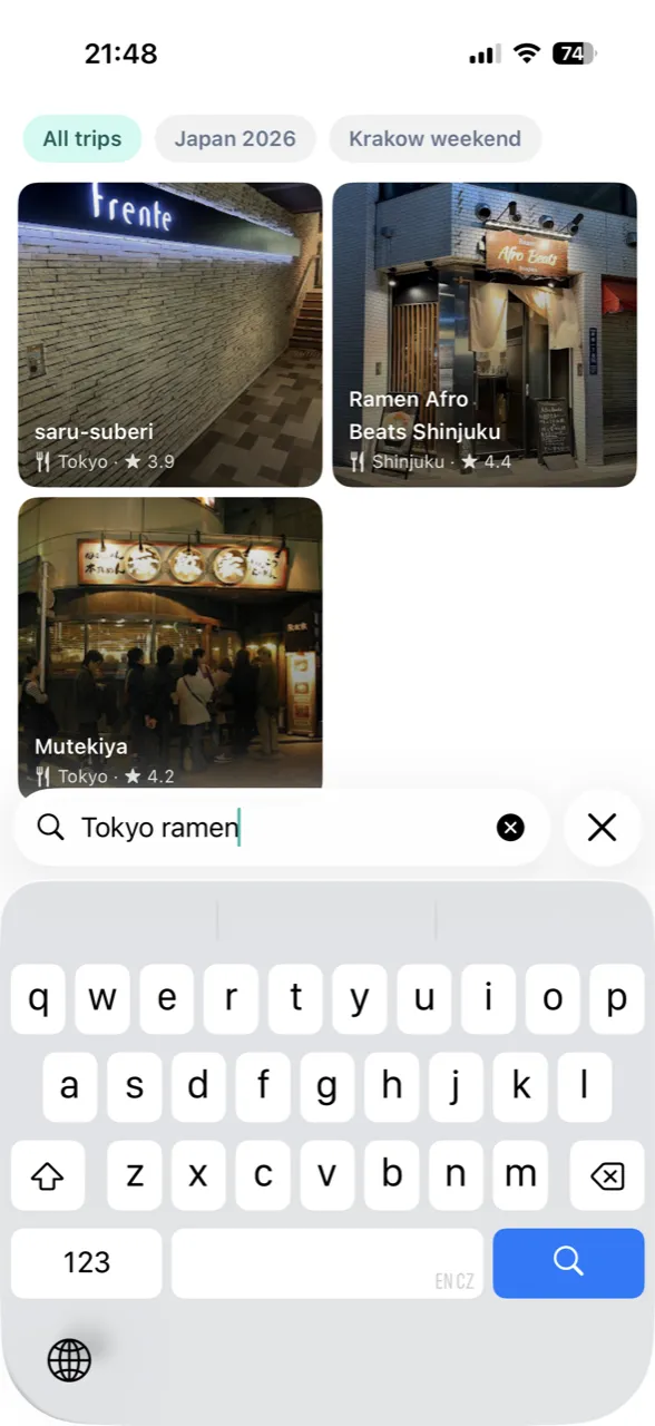Trip Pocket search — finding "Tokyo ramen" across saved places