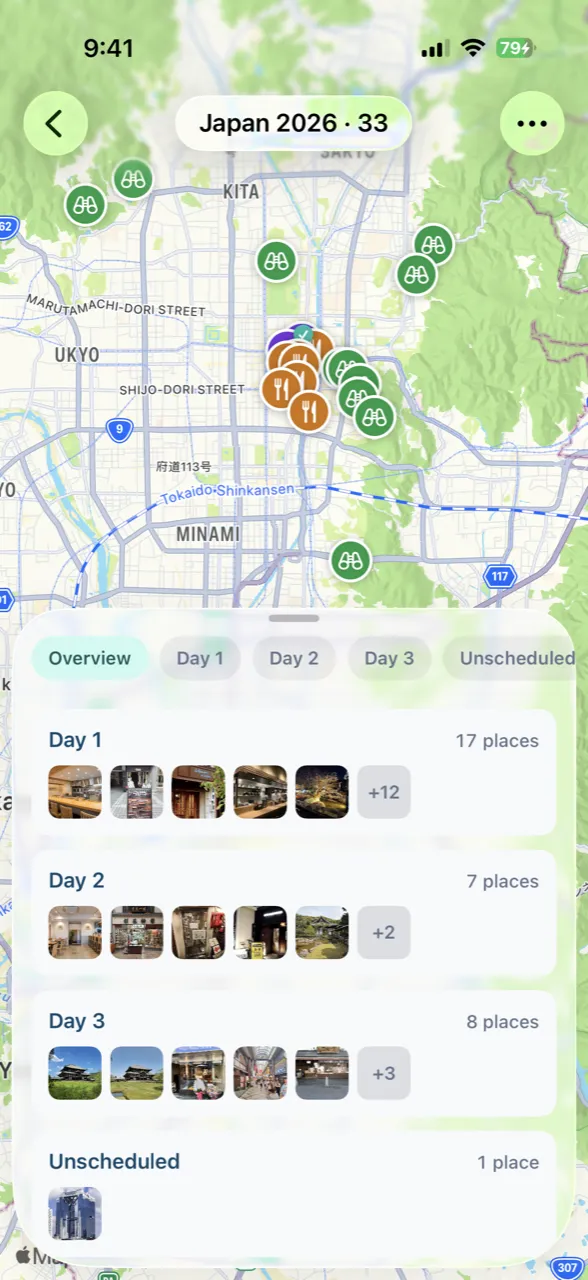 Trip Pocket trip map — places pinned across days in Kyoto